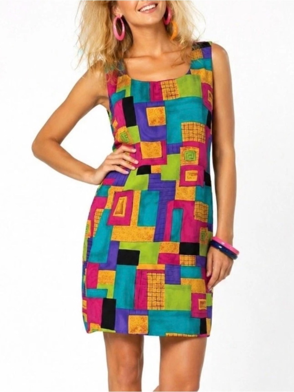 Vintage Geometric Colorblock Sleeveless Tank Sheath Dress